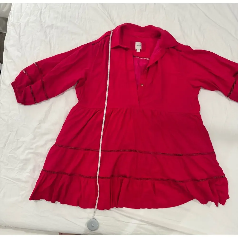 Anthropologie Maeve Bettina Tiered Mini Shirt Dress Linen 1X Hot Pink Raspberry - Picture 9 of 16